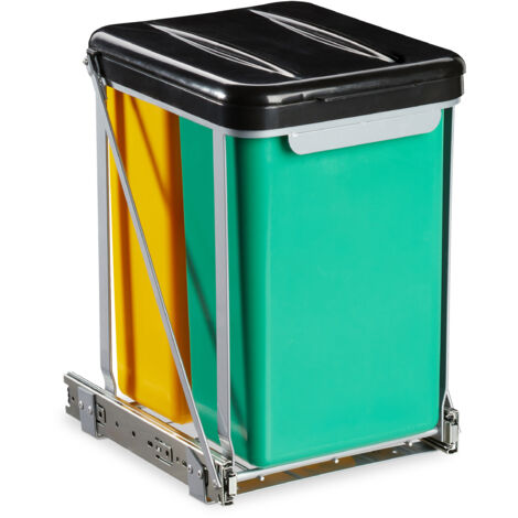 Cubo de basura empotrado Relaxdays, 2 compartimentos, extensible, cubo de cocina, 8 l, tapa, 39,5x30x25,5 cm, negro