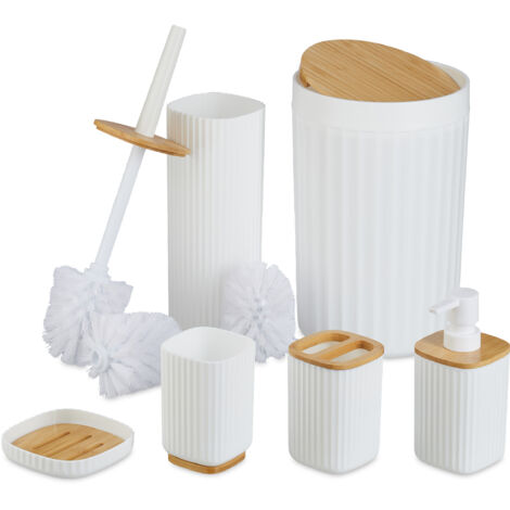 Relaxdays Set Accesorios Baño, Juego Completo Utensilios 6 Piezas, Conjunto WC, Plástico y Bambú, Blanco y Natural