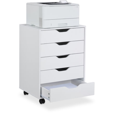 Relaxdays Mesa Impresora, 5 Cajones, 66,5x48x39,5 cm, Cajonera Oficina con Ruedas, Mueble Archivador Despacho, Blanco