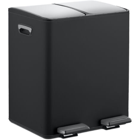 Relaxdays Cubo Basura Doble, 2 Compartimentos 15 litros c/u, Botes Interiores Extraíbles, Pedal, Cocina, Negro/Plateado