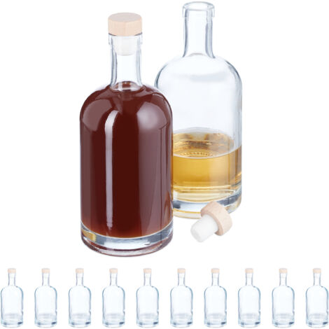 Relaxdays Botellas Cristal Vacías, Pack de 12, 500 ml, con Corcho, Aceiteras, para Licor, Vinagre, Vino, Transparentes