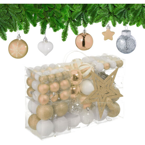 Relaxdays Set 101 Bolas Árbol Navidad, Plástico, Adornos Navideños con Bolitas y Estrella, Decoración, Champán/Blanco