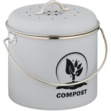 Relaxdays Compostera Cocina 3,5 L con Tapa y 2 Filtros Carbón Activo, Cubo Compostaje Basura Orgánica, Metálica, Gris