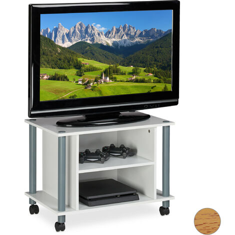 Relaxdays Mueble TV con ruedas, Mesa televisión con 2 compartimentos, 45 x  60 x 40 cm, Blanco y Plateado