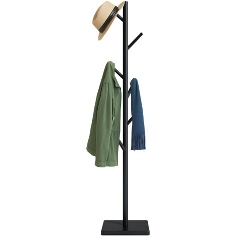Relaxdays Perchero de Pie, Forma Árbol, 177 x 30 x 30 cm, 8 Ganchos, Colgador 3 Alturas, Madera Caucho y MDF, Negro