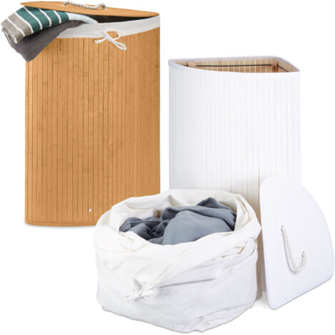 Juego de 2 cestos de esquina para ropa sucia, organizador de bambú con bolsa extraíble, 64 l c/u, natural/blanco (1/5)
