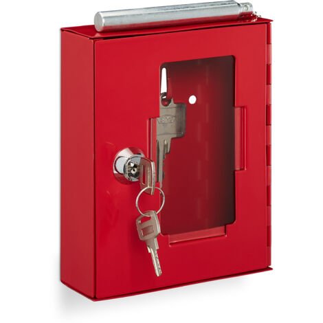 2 cajas de llaves de emergencia con vidrio y martillo de cristal, cerrables, metal, pequeñas, rojas