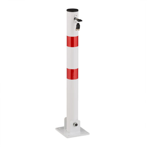 4 postes de cierre abatibles, de acero, barrera para aparcamiento, H: 65 cm, con cerradura, rojo y blanco