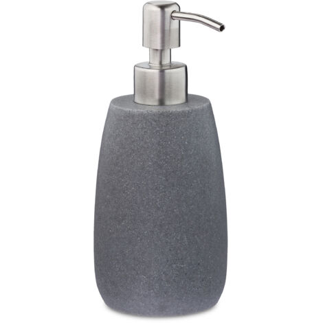 2 dispensadores de jabón de 300 ml, recargables, baño, cocina, redondo, polyresina, bomba de acero inoxidable, gris