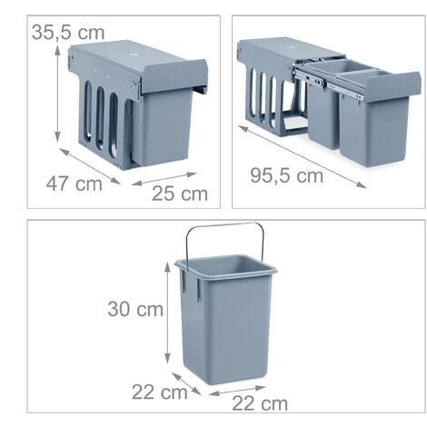 Cubos de Basura para Cocina con 3 Contenedores de Reciclaje Extraíbles  1x20L y 2x10L Clasificación de Residuos 48x34,2x41,8 cm Gris