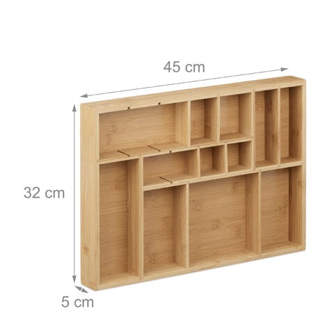 Relaxdays Cubertero, Bambú, Extensible, Separador cajones, Bandeja cubiertos  para cajón, 6,5x57,5x43 cm, marrón natural