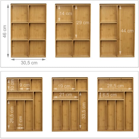 Relaxdays Cubertero, Bambú, Extensible, Bandeja de cubiertos para cajón, Separador  cajones, 5x55x44,5 cm, marrón natural
