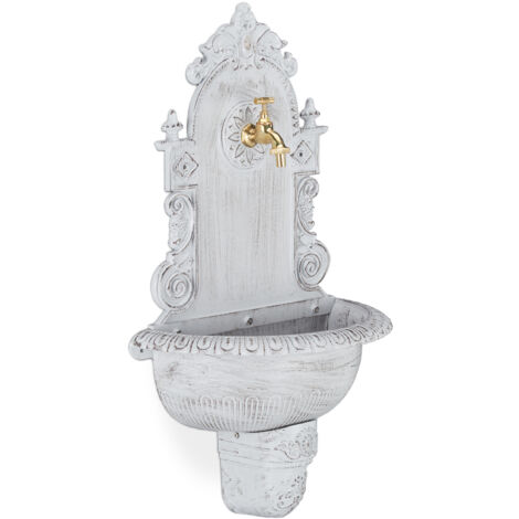 Relaxdays Fuente de pared XL estilo antiguo con grifo, lavabo de jardín, fundición de aluminio, 75x44x22 cm, blanco