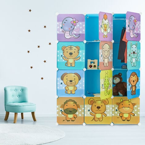 Relaxdays Armario Modular Infantil, 8 Compartimentos, Puertas, Estampado  Animales, Estantería Niños, 145x109x37 cm, Azul