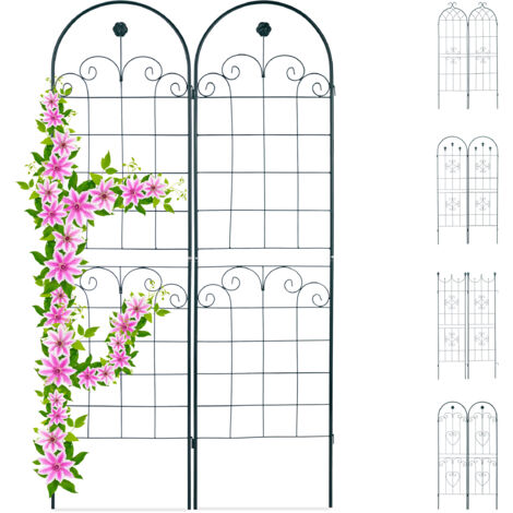 Relaxdays 2 enrejados de metal 180 x 50 cm, soporte vintage para jardín con arco y flores, ensamblable, verde oscuro