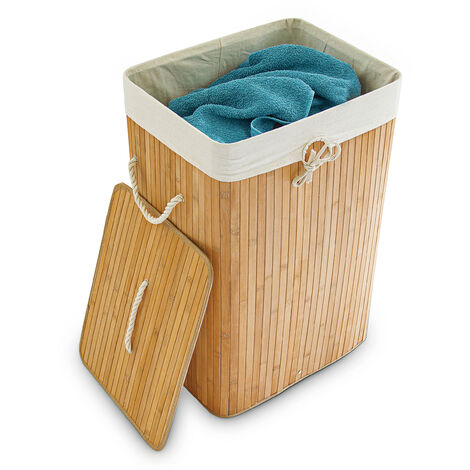 Relaxdays Cesto Ropa Sucia Plegable, Cubo Colada Rectangular con Tapa,  Bambú, 83 L, 65,5 x 43,5 x 33,5 cm, Natural