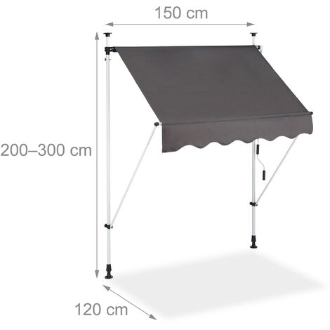 Relaxdays Toldo Enrollable Exterior Portátil Regulable con Manivela, Poliéster-Acero, Gris, 150 cm de ancho