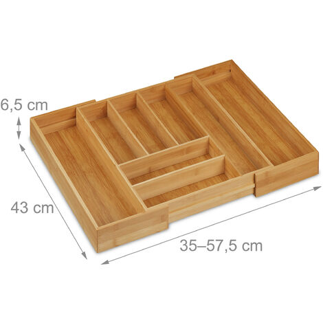 Relaxdays Cubertero, Bambú, Extensible, Separador cajones, Bandeja cubiertos  para cajón, 6,5x57,5x43 cm, marrón natural