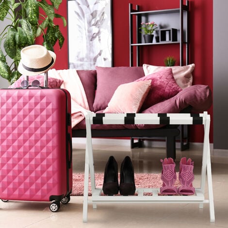 Relaxdays Soporte para maletas plegable, Reposa maletas madera, Porta equipajes, 2 baldas, 54,5x66x44 cm, Color blanco