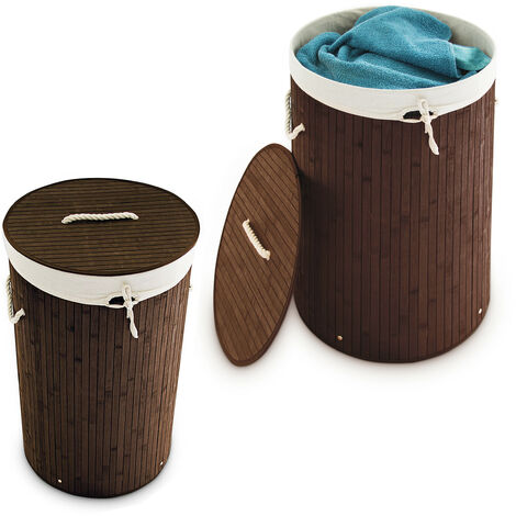 2 Cestos Ropa Sucia con Tapa y 2 Compartimentos, Cubo Colada Plegable,  Canasta, Bambú, 95 L