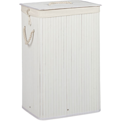 2 Cestos Ropa Sucia Plegable, Cubo Colada Rectangular con Tapa, Bambú, 83L, 65,5 x 43,5 x 33,5 cm, Blanco
