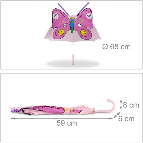 59 x 8 x 6 cm Poliéster-Plástico Rosa Relaxdays Paraguas Infantil de Mariposa en 3D 