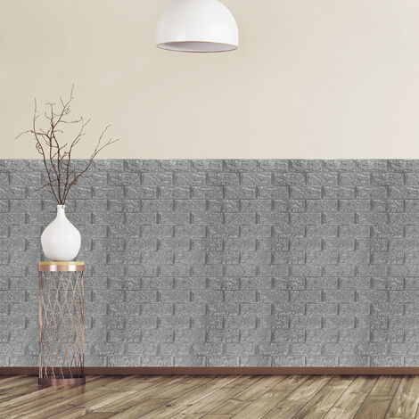 Relaxdays Paneles Pared Autoadhesivos, Pack 10 Unidades, Imitación Ladrillo 3D, Espuma de Polietileno, 78x70cm, Gris