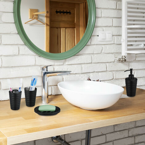 Relaxdays Set de Baño Accesorios, Kit 5 Piezas Acero Inoxidable Mate, Jabonera, Soportes, Vaso, Dispensador Jabón, Negro