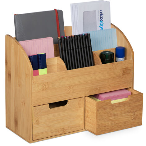 Relaxdays Organizador de escritorio, Bambú, Con compartimentos y un cajón,  Blanco, 11 x 27,5 x 15 cm