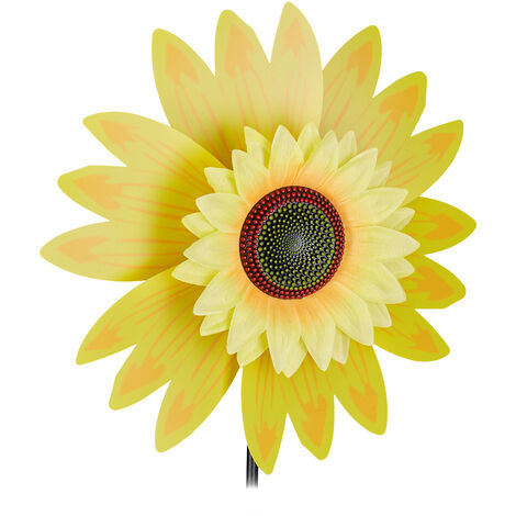 Relaxdays Molino Viento Flor, Estaca Girasol Decorativa, para Jardín, Balcón y Terraza, Molinete Plantas 70 cm, Amarillo