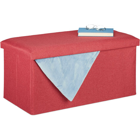 Relaxdays Banco Almacenaje, Baúl Almacenamiento, Efecto Lino, Asiento Acolchado, Corredor, 38 x 76,5 x 38,5 cm, Rojo