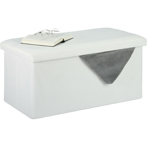 Relaxdays Banco Almacenaje, Baúl Almacenamiento, Efecto Lino, Asiento Acolchado, Corredor, 38 x 76,5 x 38,5 cm, Blanco (1/5)
