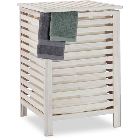 Relaxdays Cesto Ropa Sucia Hecho de Madera de Nogal con Tapa, Cubo Colada con Saco Lavable 52 l, 65,5x45x45 cm, Blanco