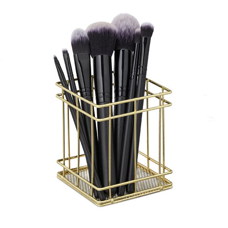 Relaxdays Portalápices Cuadrado Alambre Metal, Organizador Brochas Maquillaje, Escritorio, 10x9x9cm, Dorado (1/5)
