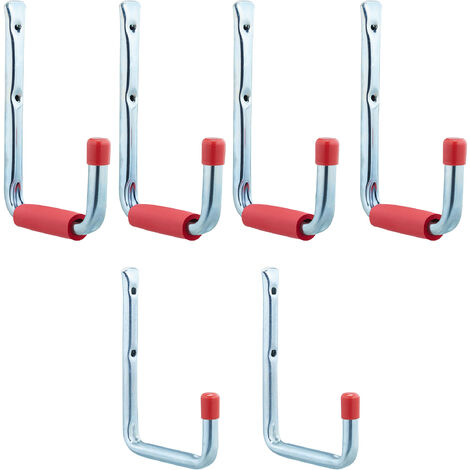 Relaxdays Ganchos Universales Set 6, 2 Tamaños, Máx. 17,5 kg, Garaje, Taller, Sótano, Acero, Gomaespuma, Plateado Rojo