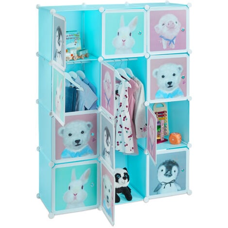 Relaxdays Armario Modular Infantil, 8 Compartimentos, Puertas, Estampado  Animales, Estantería Niños, 145x109x37 cm, Azul