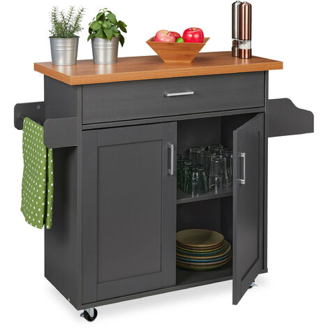 Relaxdays Carrito Auxiliar con Encimera, Cajón, 2 Compartimentos, Barra para Paños, Cajonera con Ruedas, Gris y Natural