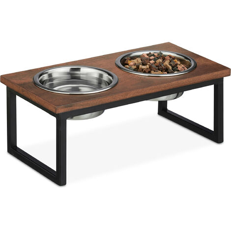 Relaxdays Comedero Elevado para Perro, Soporte Alto de Madera Mango, 16,5x42x21cm, 2 Cuencos Acero Inox. 1000ml, Marrón