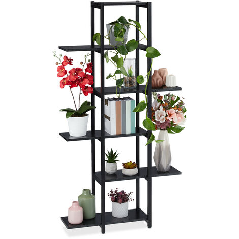 Relaxdays estantería para plantas, escalera con 6 estantes, 150×78×24 cm, acero y MDF, interior, negra (1/5)