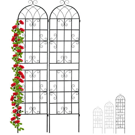Relaxdays Soportes para Plantas Metálicos, Set de 2, con Estacas, Enrejado para Trepadoras, 220 x 50 cm, Jardín, Negro