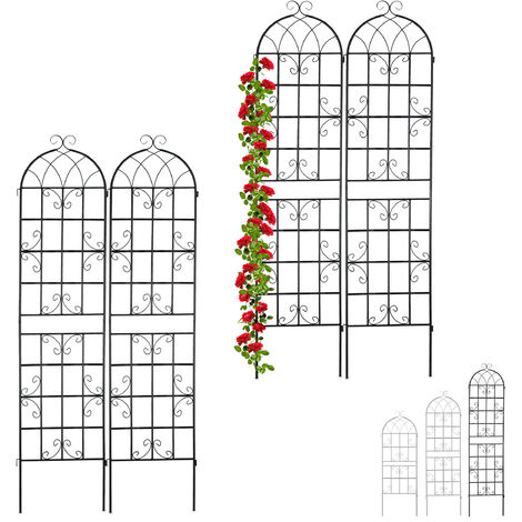 Set de 4 Soportes Plantas Metálicos, con Estacas, Enrejado para Trepadoras, 220 x 50 cm, Jardín, Negro