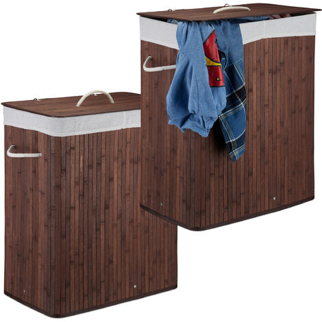 2 Cestos Ropa Sucia con Tapa y 2 Compartimentos, Cubo Colada Plegable, Canasta, Bambú, 95 L, Marrón