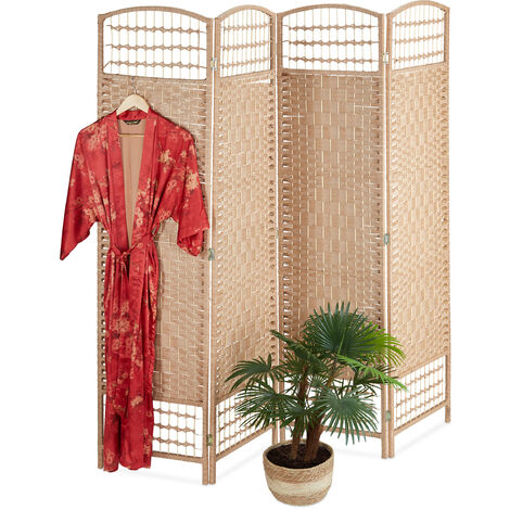 Biombo Plegable De 3 Paneles, Separador De Ambientes 170x120 Cm, Madera Y Cuerda De Papel Gris