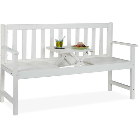 Relaxdays Banco Jardín con Mesa Integrada, 3 Plazas, Asiento Madera Resistente, Balcón o Terraza, 90x152x56 cm, Blanco