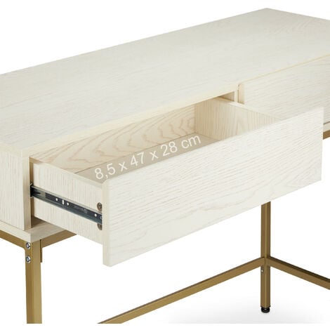 Relaxdays Tavolo Consolle, 2 Cassetti, Mobile Stretto Corridoio e Soggiorno, Effetto Legno, HLP 80x110x40 cm, Bianco/Oro