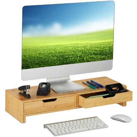 Relaxdays Soporte 2 Monitores, Elevador Pantalla Ordenador con Cajón,  Bambú, Base Laptop 11x107x22 cm, Madera Natural