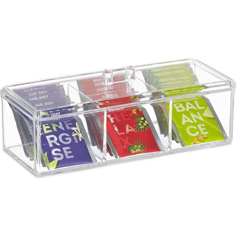 Relaxdays Caja Té, 3 Compartimentos, Dispensador Infusiones 9x23x9,5 cm,  Plástico, Organizador con Tapa, Transparente