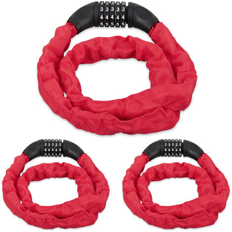 3 Candados de cable numérico, Sistema antirrobo para bicicletas, Combinación de 5 números, 120 cm, Acero, Rojo