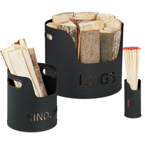 Relaxdays Kit de 3 Cestos Leñeros Modernos, Soportes de Leños y Cerillas, Accesorio para Chimeneas, 30,5 x 37 cm, Negro (1/5)