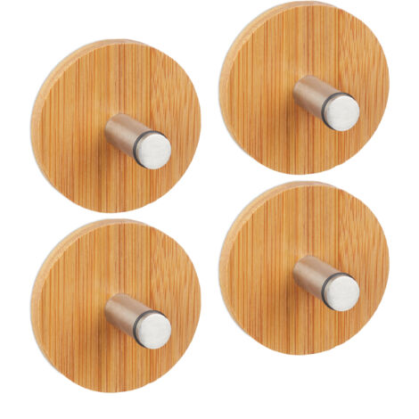 8 x Ganchos Adhesivos, Ganchos Pared Redondos, Baño y Cocina, Acero Inoxidable y Bambú, Colgadores Paño Cocina, Natural (1/5)